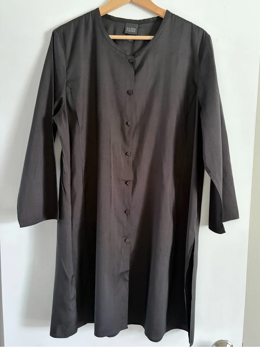 Eileen Fisher Minimalist Black Heavy Silk Shirt Dress Mandarin Collar Size XL - Picture 2 of 10